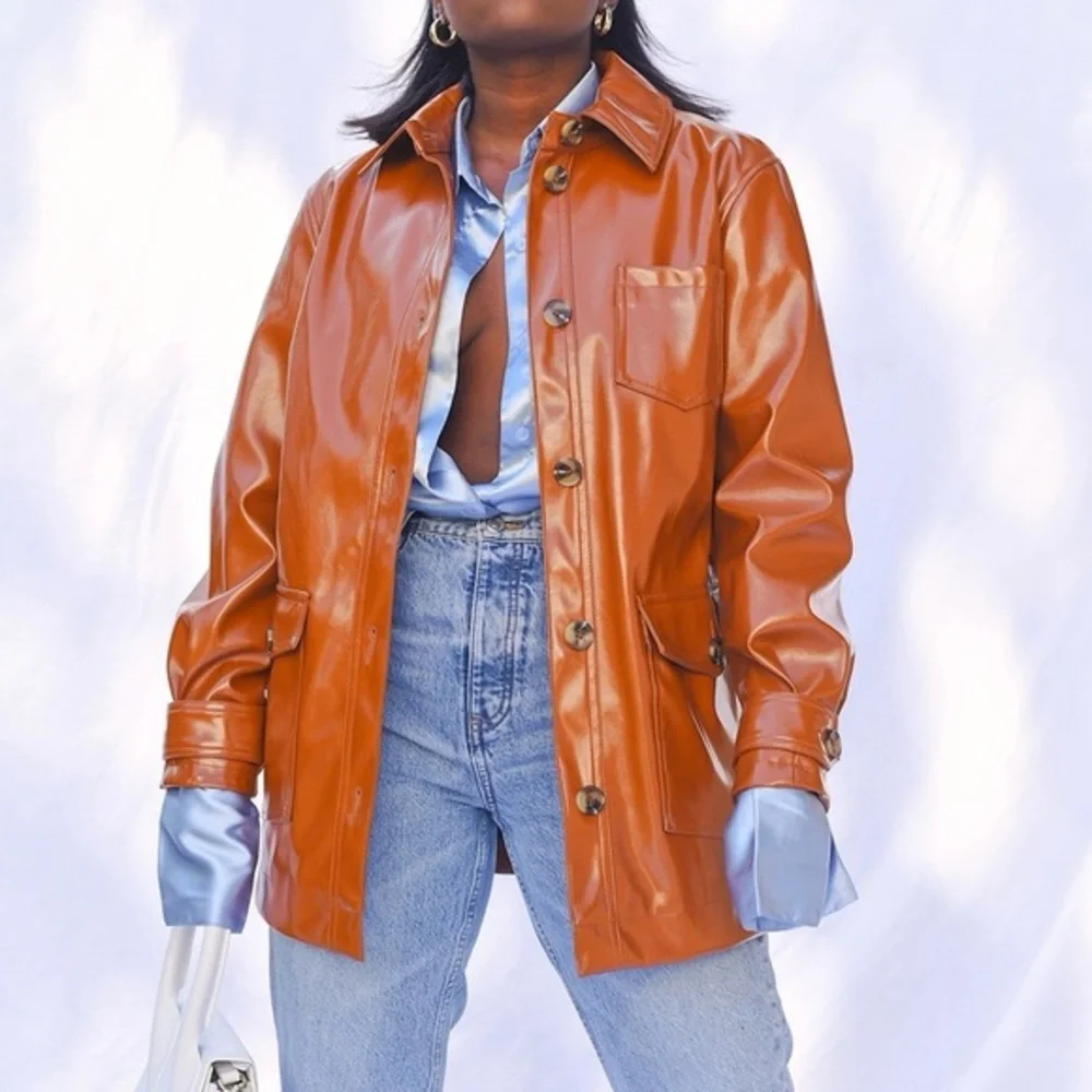 TOPSHOP Jacket Brown Patent Belted Coat High Gloss Vinyl Sz 12​